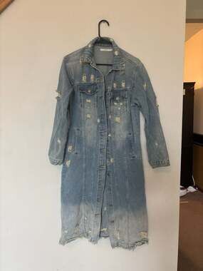 Veveret Distressed Acid Wash Blue Denim Longline Maxi Jacket Trench Coat